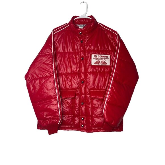 VTG Swingster Puffer Style Coat Red Sz L Made USA  RJ CORMAN Railroad Patch - Picture 1 of 16